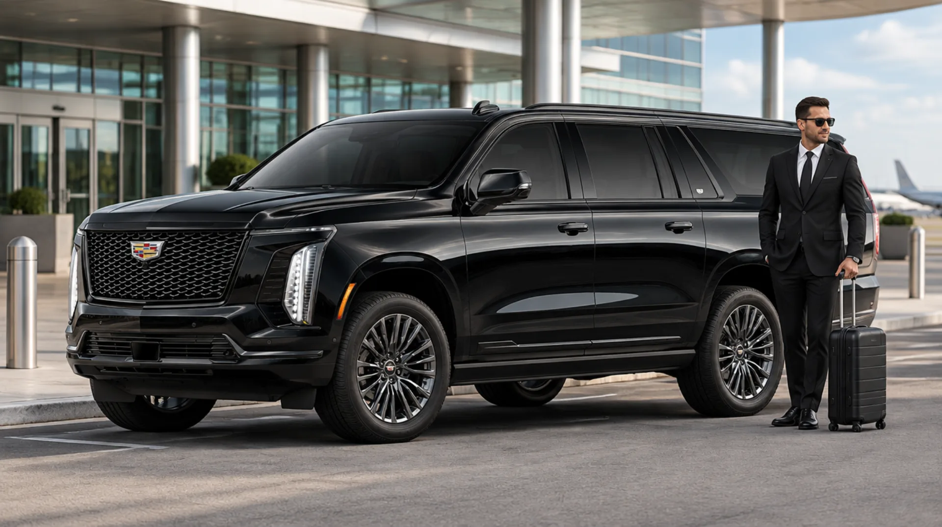 Chauffeur with luggage beside a black 2025 Cadillac Escalade ESV at an airport curb